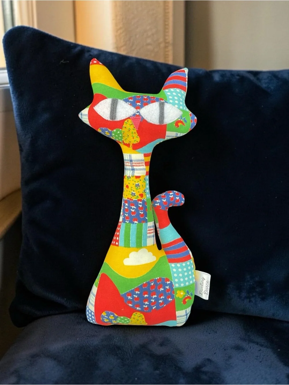 Handmade Multicolor Patchwork Floral Atomic Cat Decorative Pillow Plush
